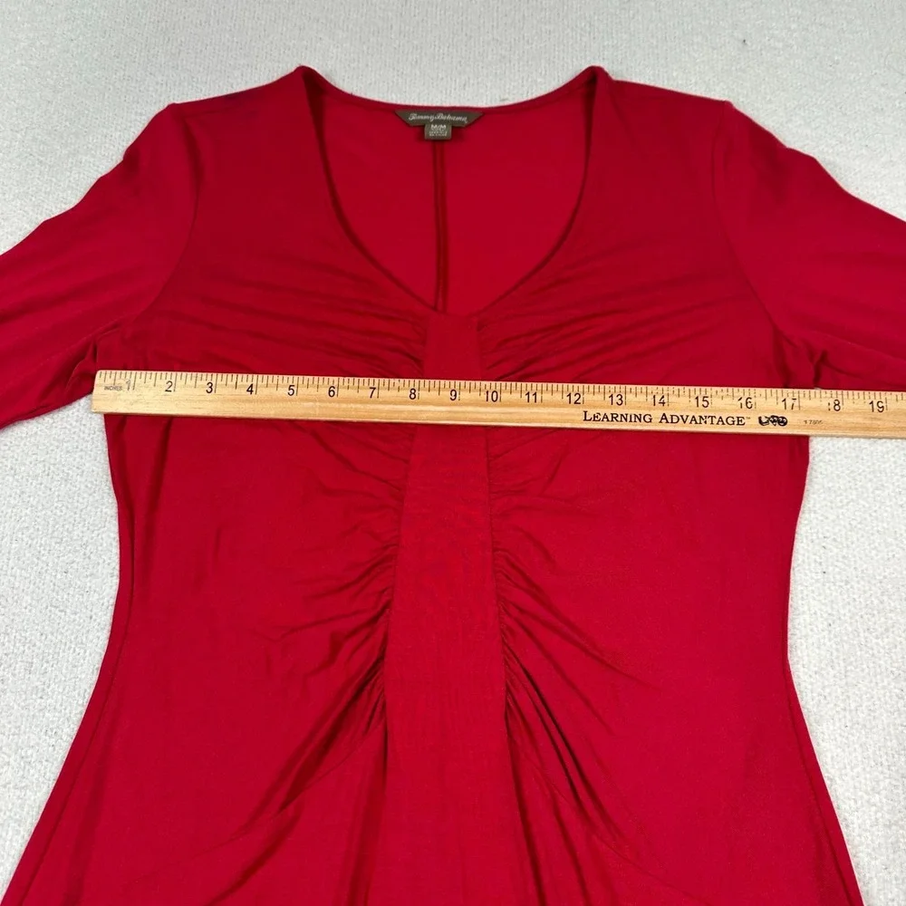 Tommy Bahama Dress Womens Medium Tambour‎ Panel Shirred 3/4 Sleeve Ruched Red